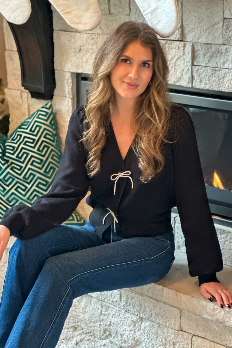Holiday Carols Bow Sweater Cardigan : Black