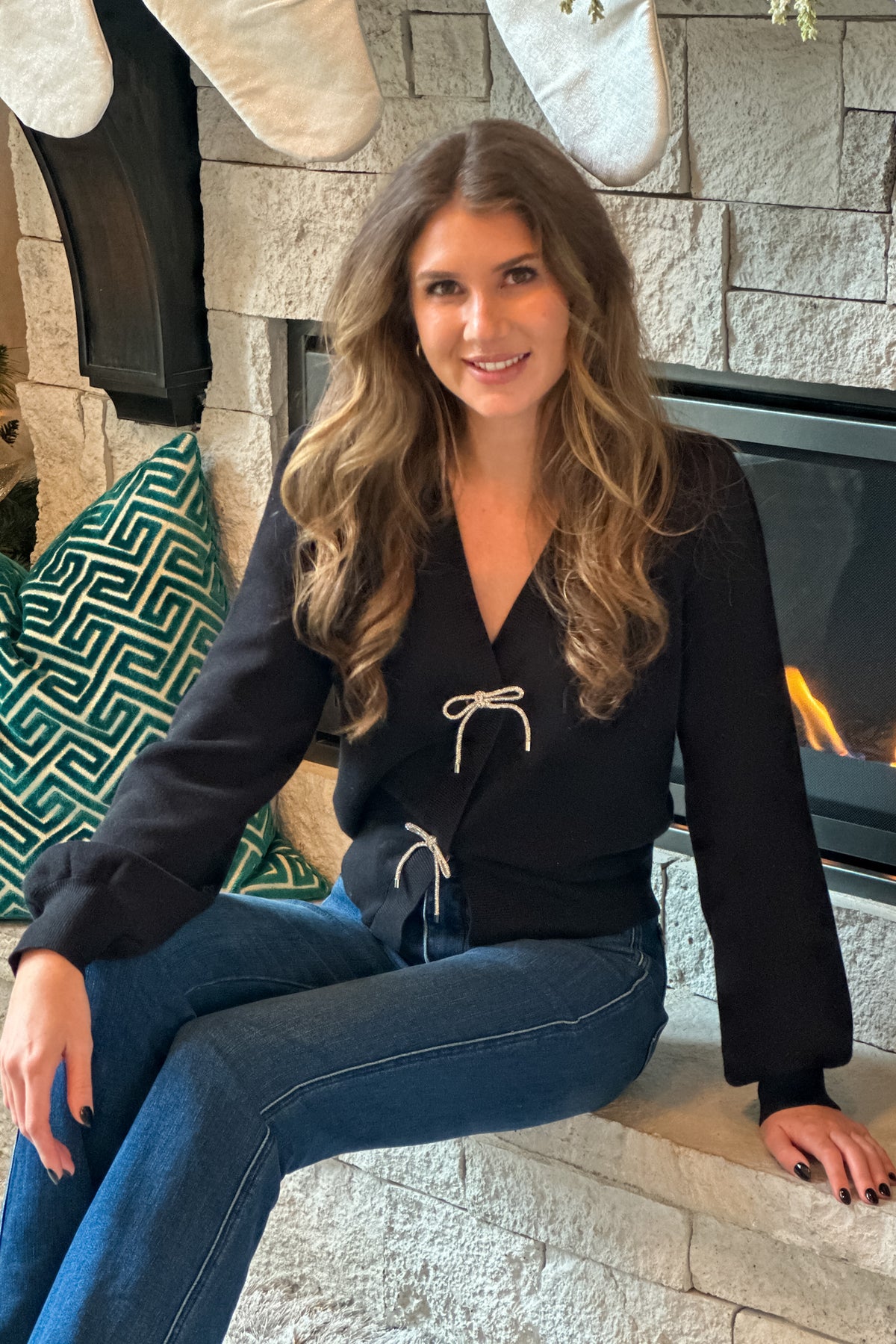 Holiday Carols Bow Sweater Cardigan : Black