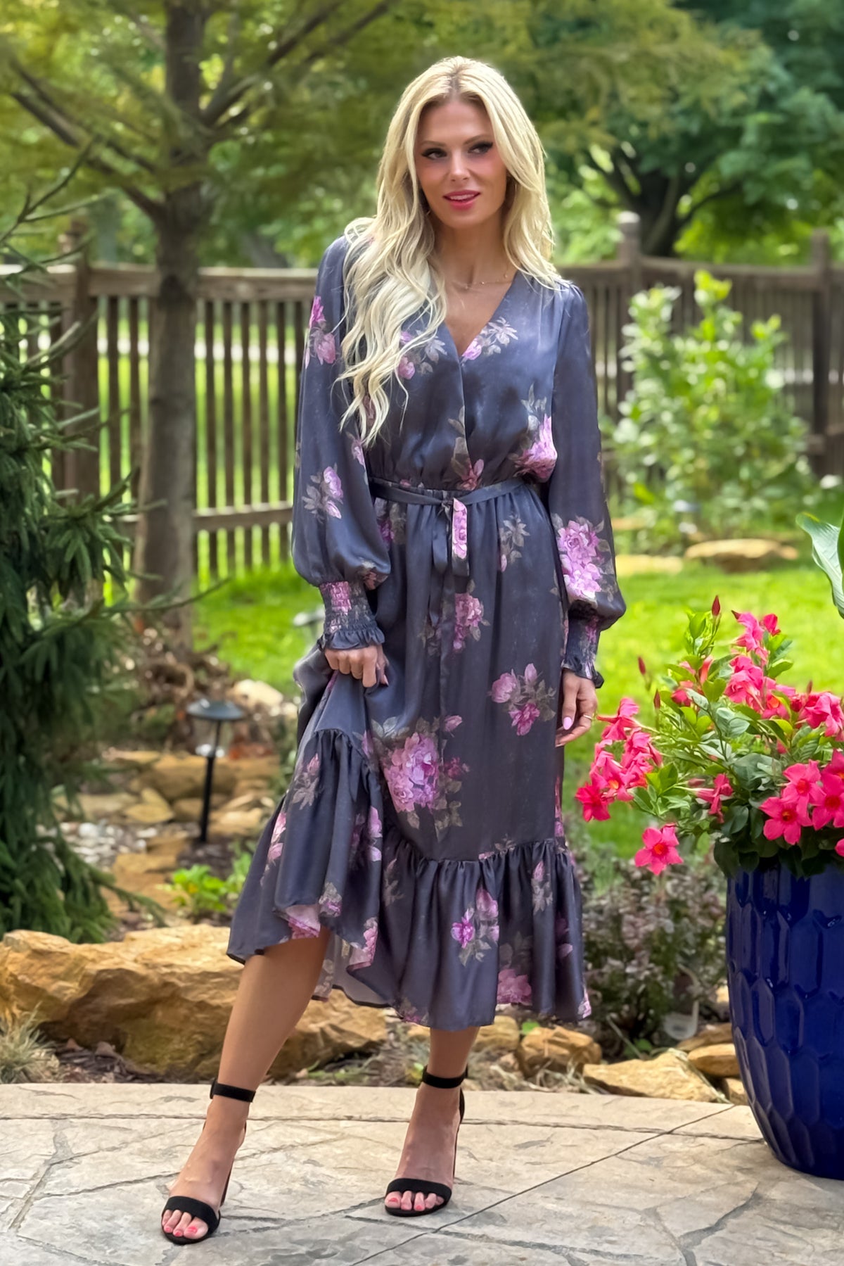 Olivette Surplice Neck Midi Dress : Charcoal