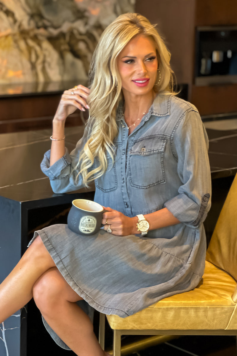 Sabine Rolled Tab Sleeve Dress : Grey