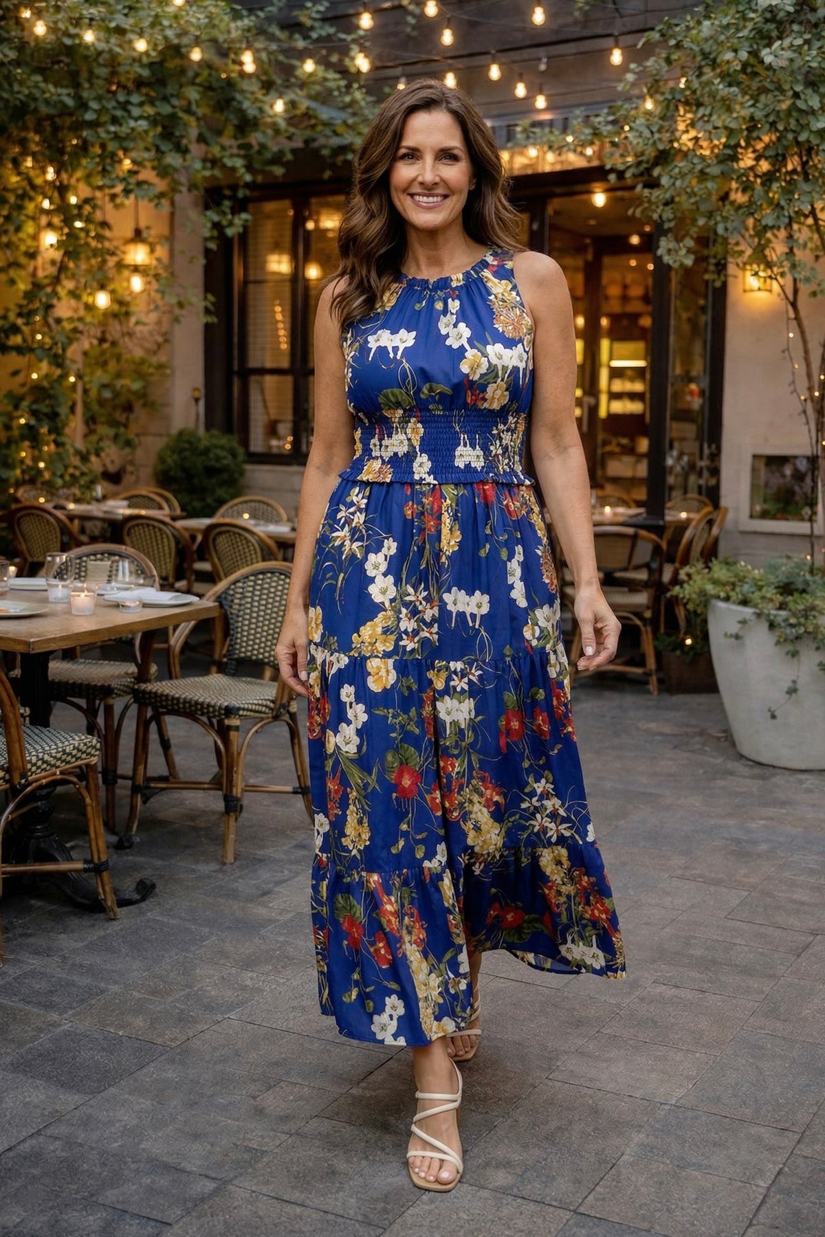 Hilary Vibrant Floral Print Smocked Waistband Maxi Dress : Cobalt Blue Multi