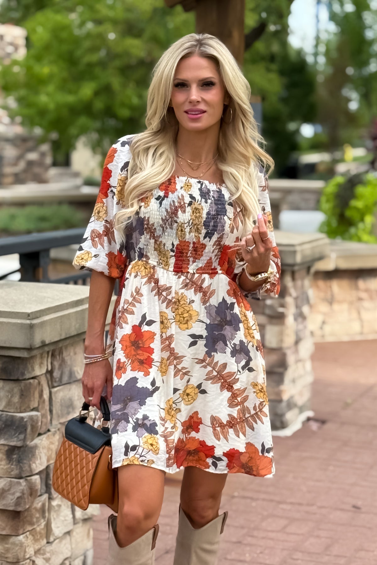 Cailin  Floral Print Ruched Dress : Rust