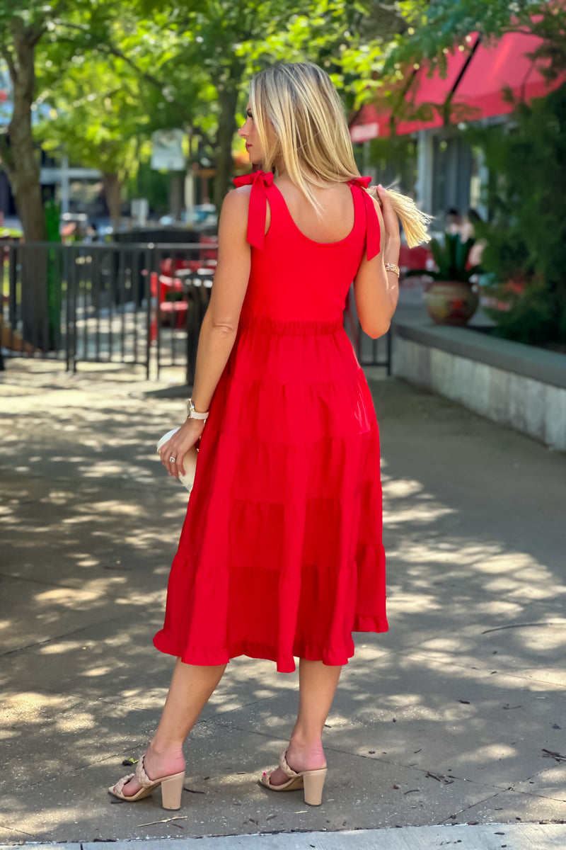 Gracelyn Shoulder Tie Tiered Maxi Dress : Red