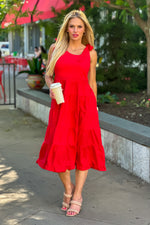 Gracelyn Shoulder Tie Tiered Maxi Dress : Red