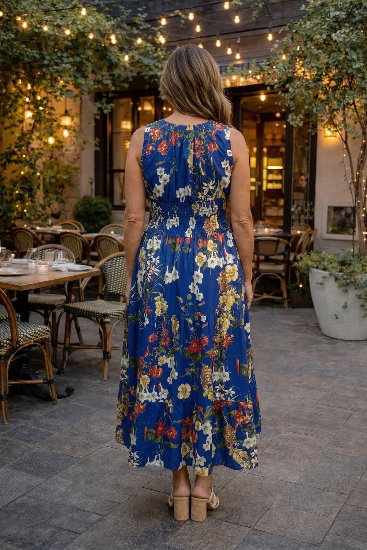 Hilary Vibrant Floral Print Smocked Waistband Maxi Dress : Cobalt Blue Multi