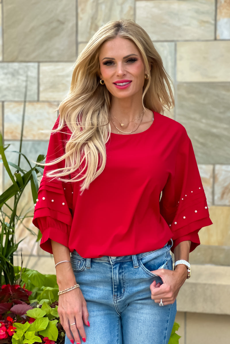 Toni Beaded Sleeve Blouse : Red