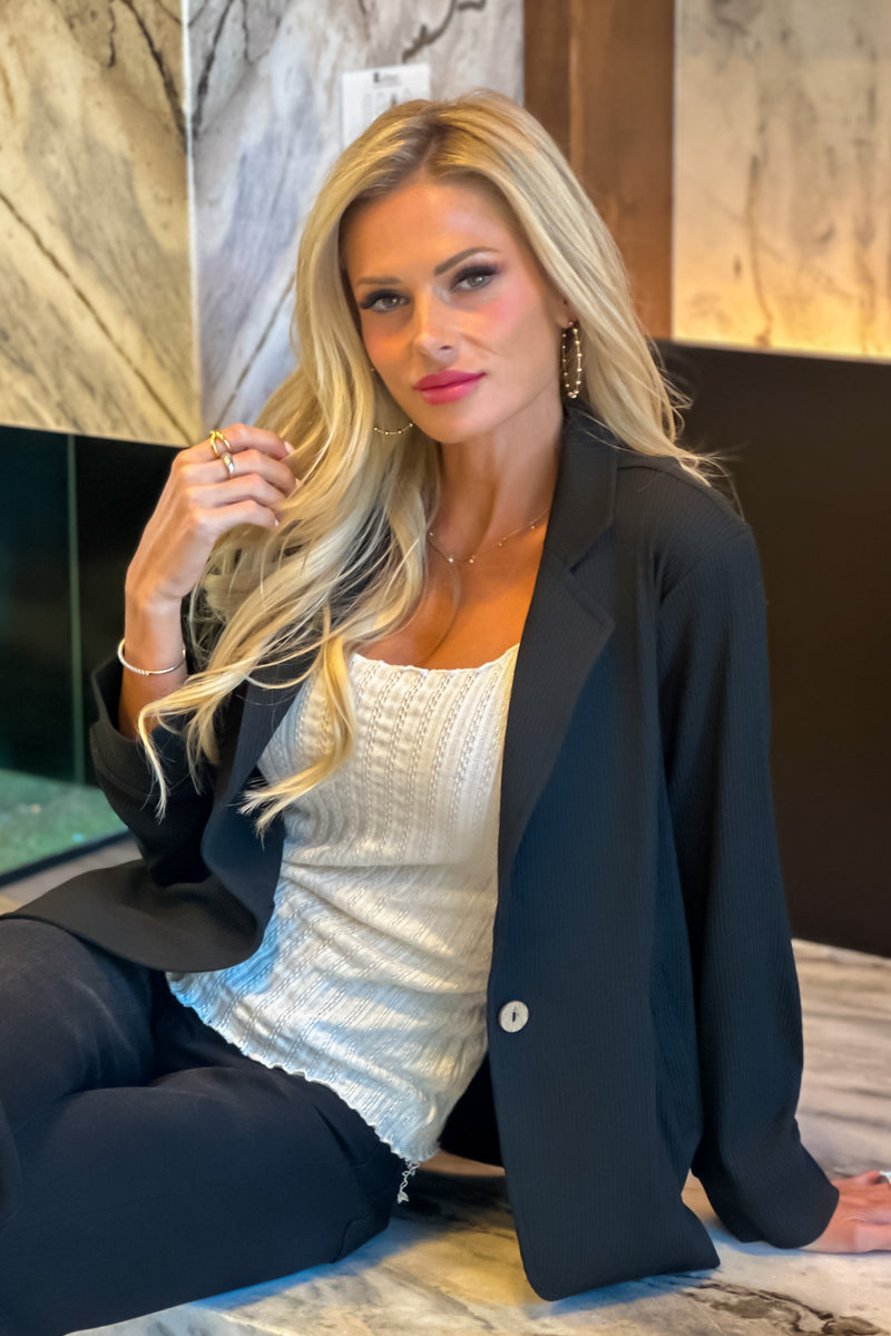 Brenna Placket Sleeve Blazer : Black