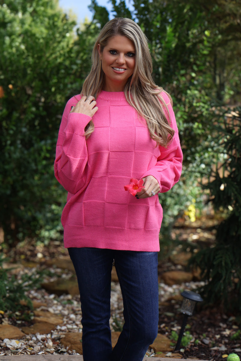 Gretel Round Neck Textured Knitted Sweater : Pink