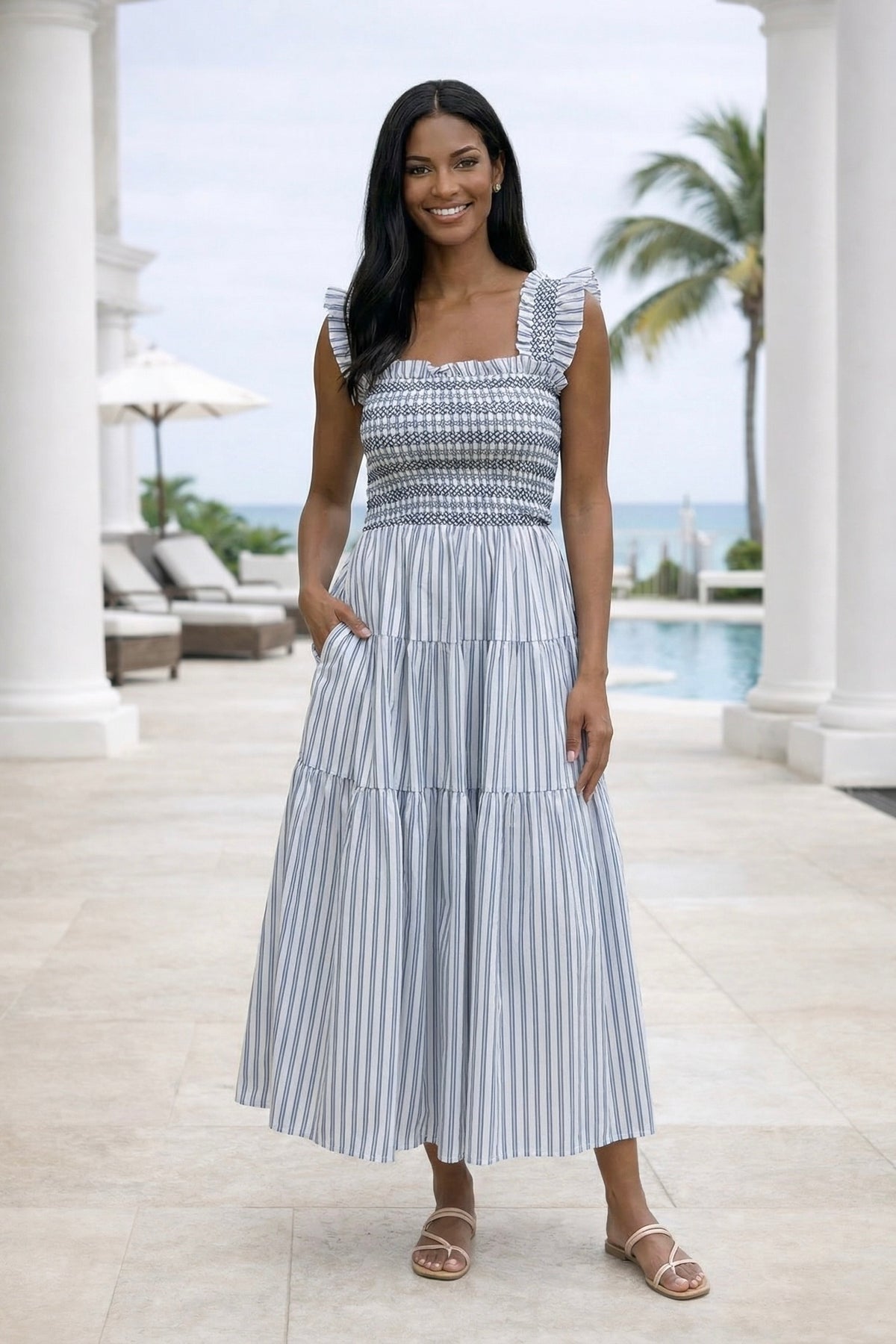Tate Sleeveless Striped Dress : White/Navy