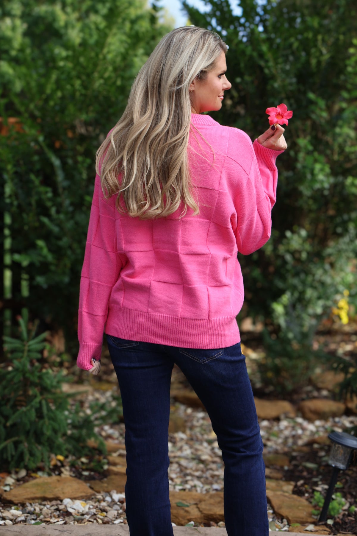 Gretel Round Neck Textured Knitted Sweater : Pink