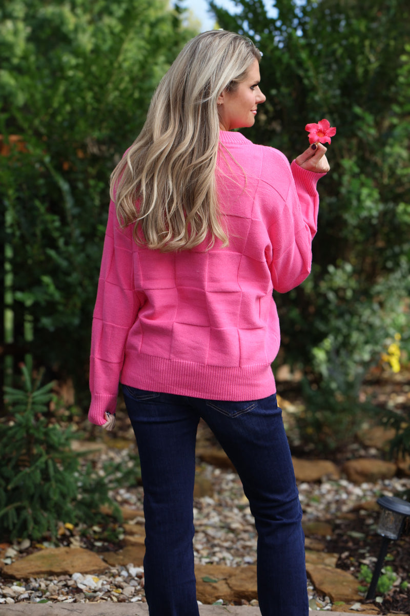 Gretel Round Neck Textured Knitted Sweater : Pink