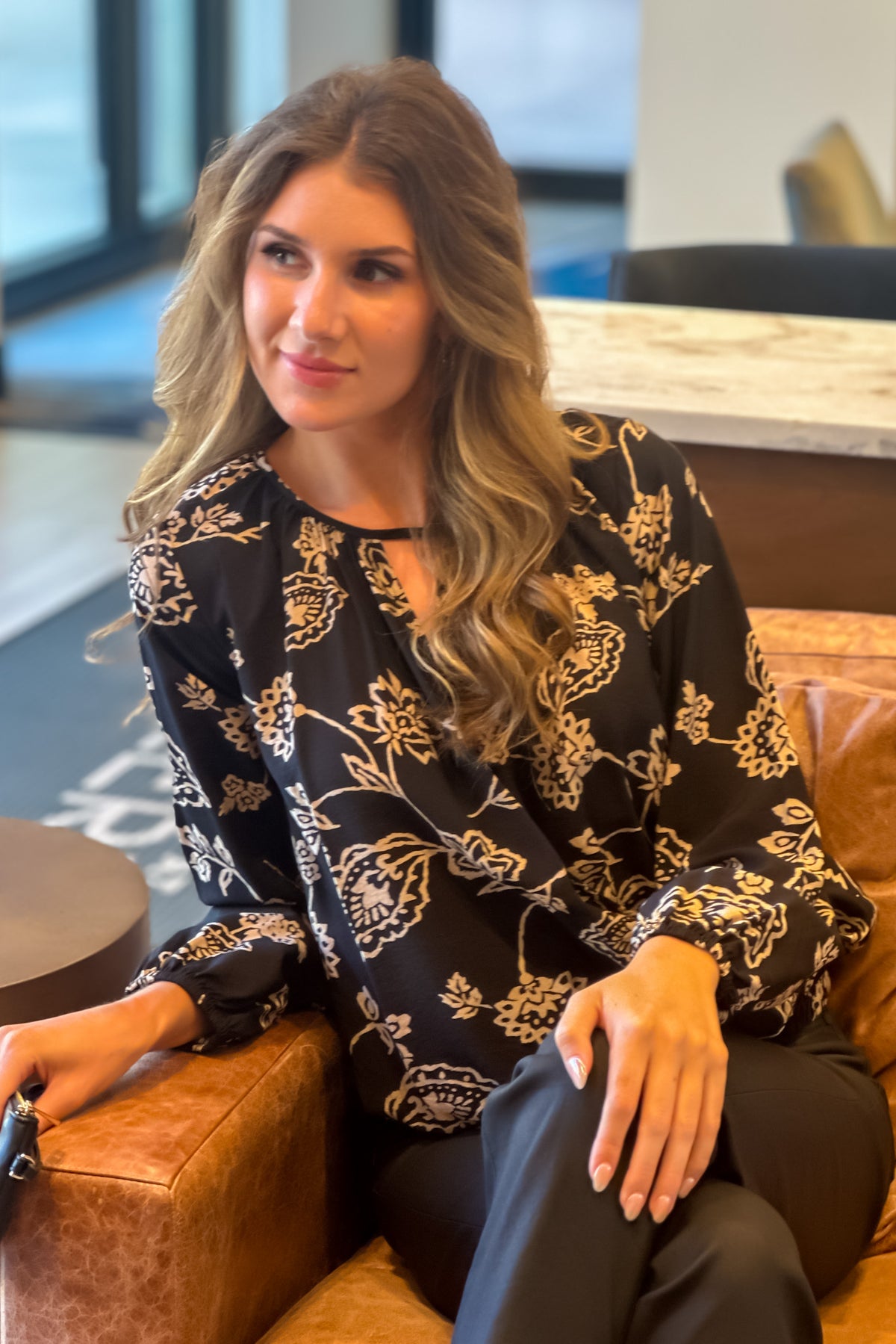 Mackinac Cutout Floral Print Top : Black