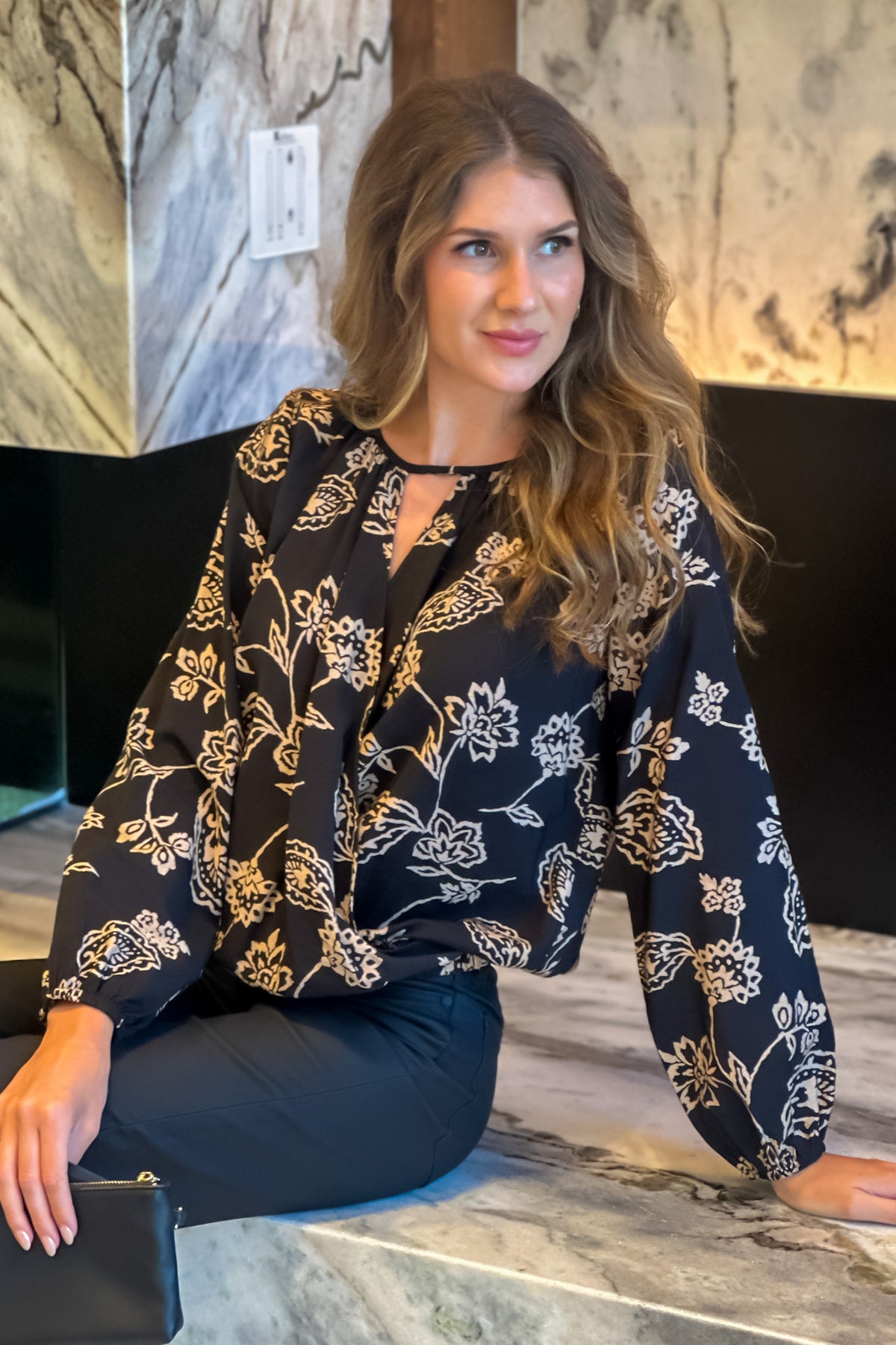 Mackinac Cutout Floral Print Top : Black