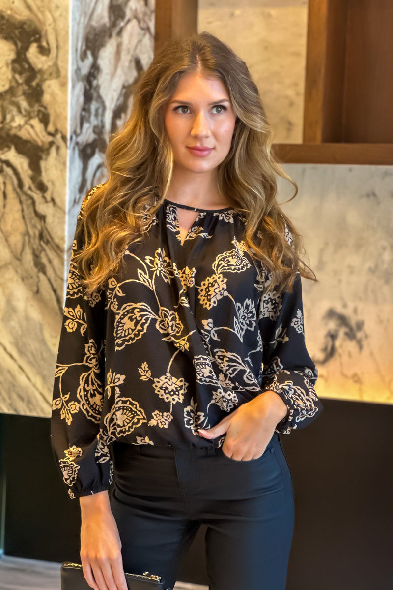 Mackinac Cutout Floral Print Top : Black