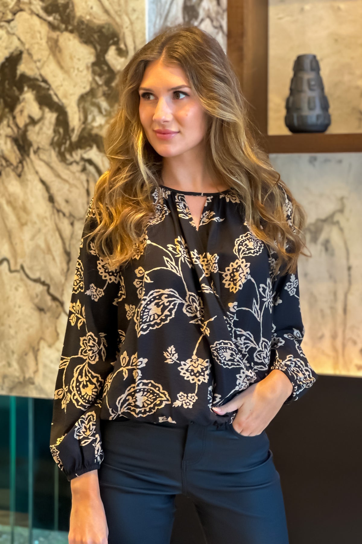 Mackinac Cutout Floral Print Top : Black