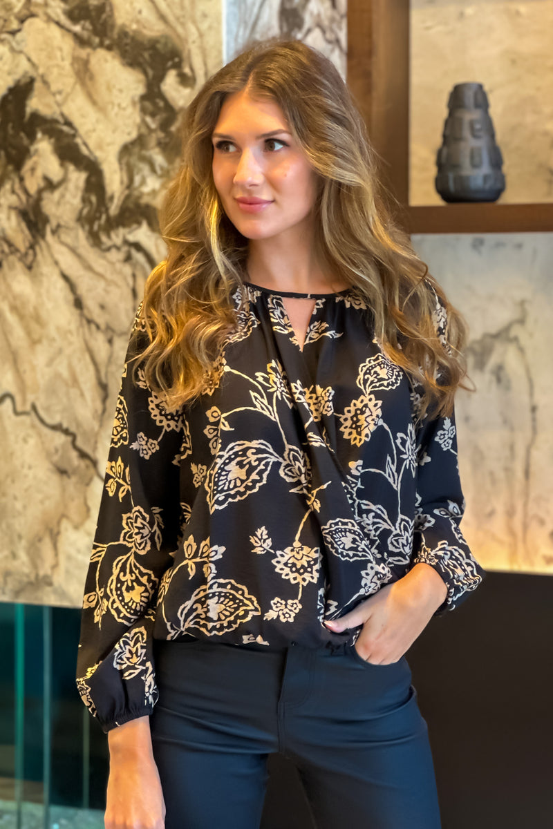 Mackinac Cutout Floral Print Top : Black