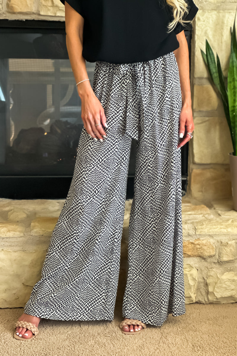 Zelda Printed Tie Waist Wide Leg Pant : Charcoal