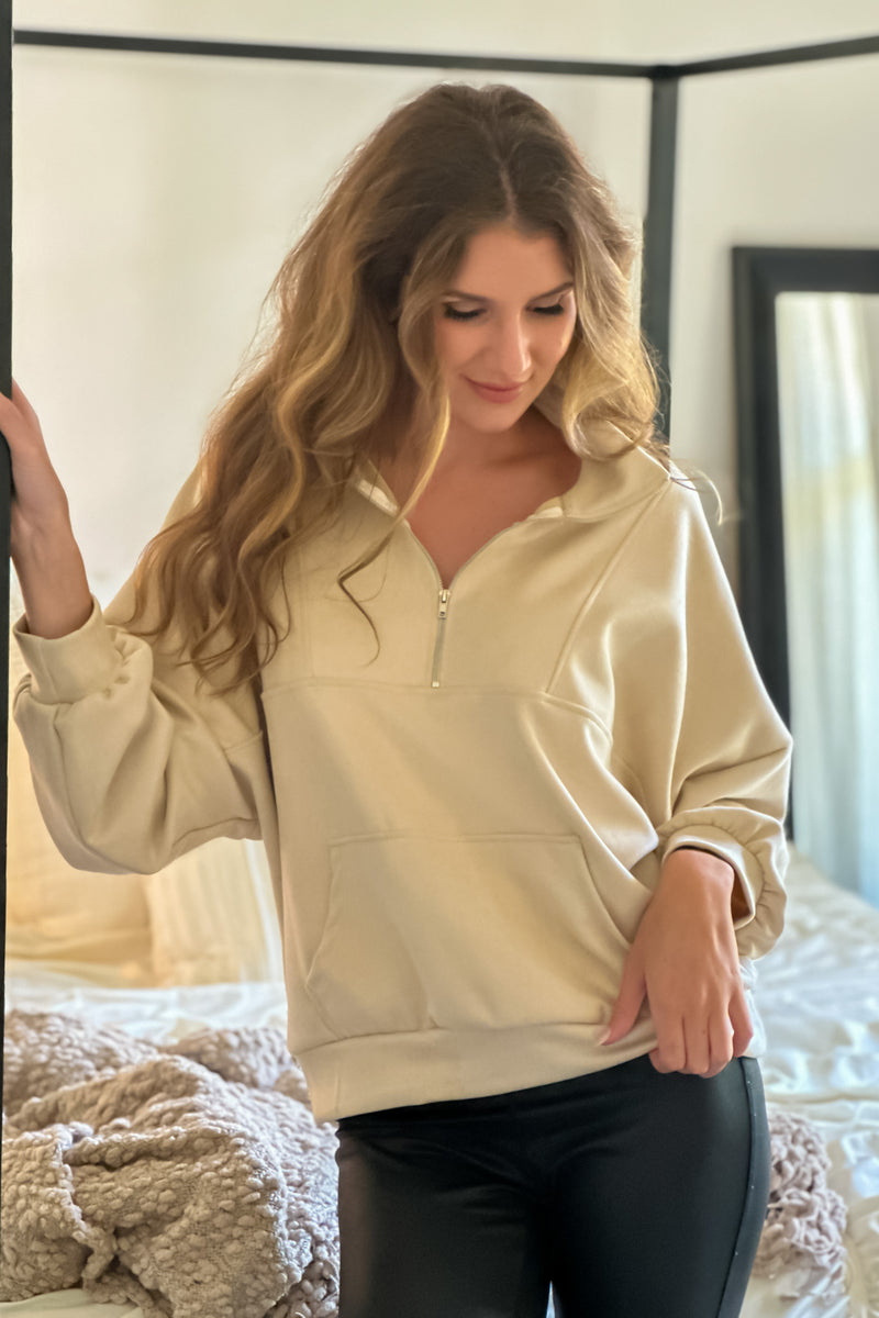 Yolo Suede Feel 1/2 Zip Top : Cream