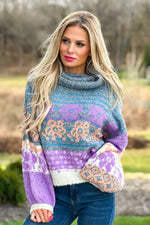 Easy On The Heart Fuzzy Turtleneck Sweater : Grey/Blue/Lavender