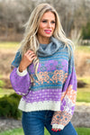 Easy On The Heart Fuzzy Turtleneck Sweater : Grey/Blue/Lavender