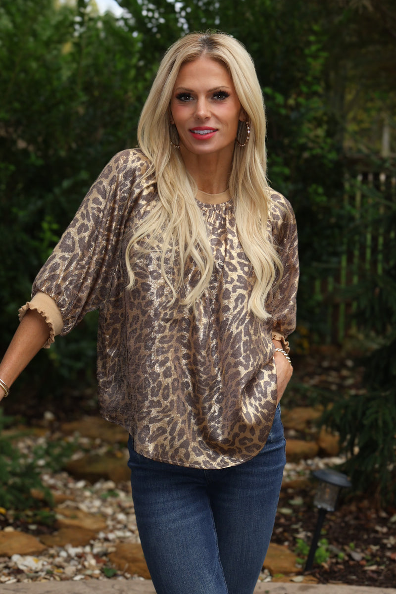 Claudette Puff Sleeve Metallic Animal Print Top : Tan