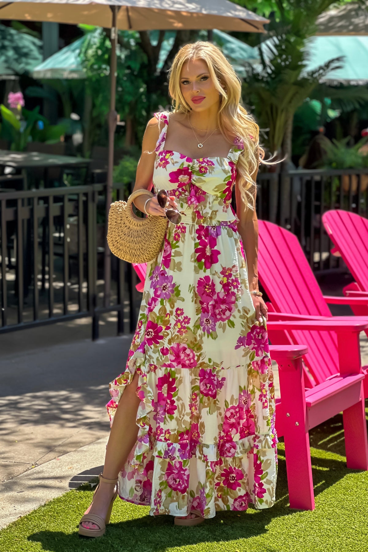 Tamara Floral Print Side Slit Maxi Dress : Cream