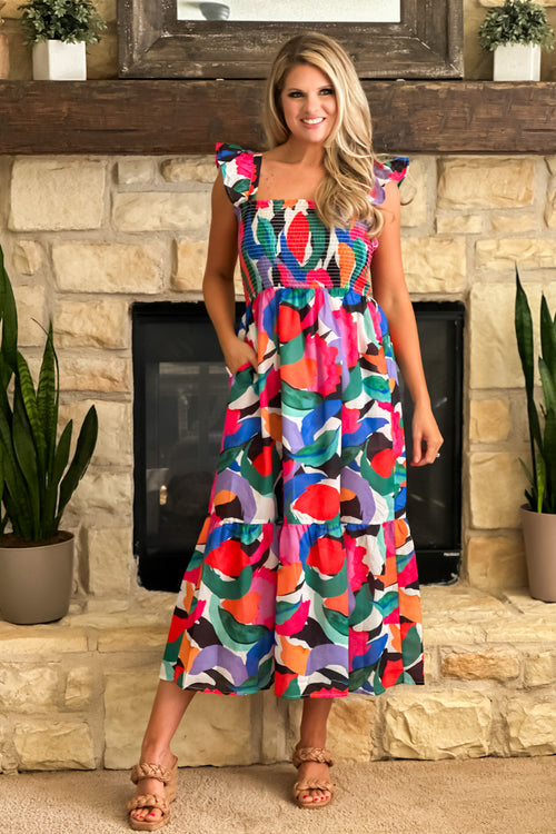 Cabo Breeze Smocked Sleeveless Floral Dress : Multi Color