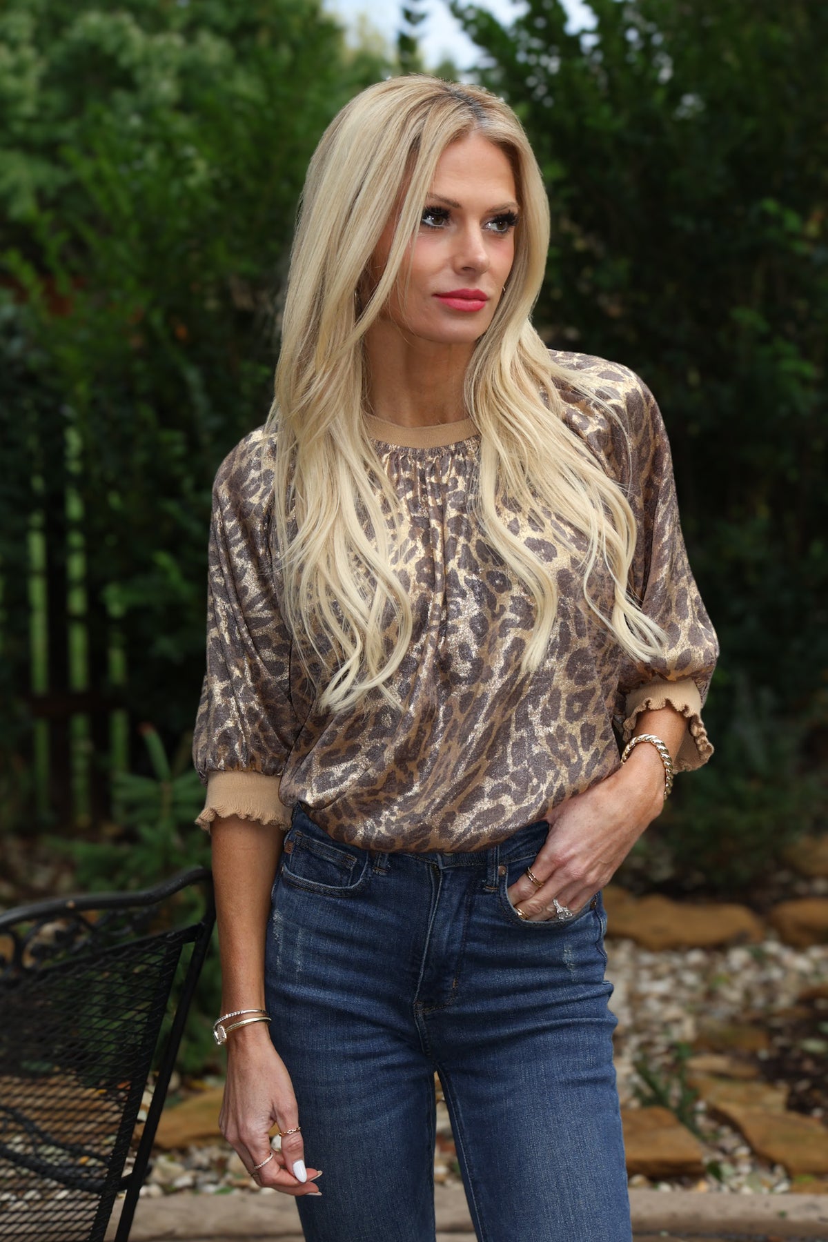 Claudette Puff Sleeve Metallic Animal Print Top : Tan