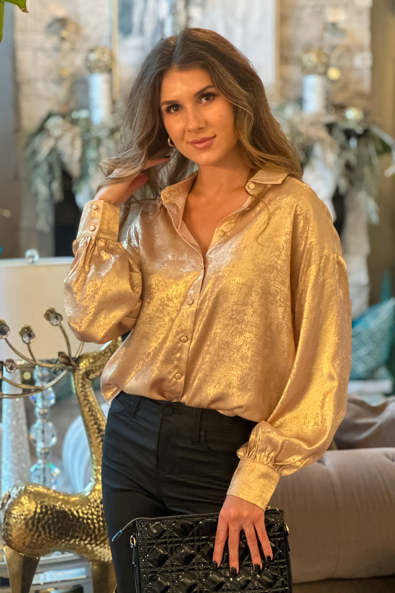 Glimmer Long Sleeve Blouse : Gold