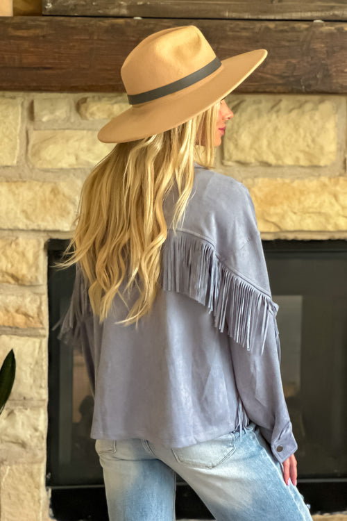 Johnna Fringe Suede Shirt Jacket : Denim Grey