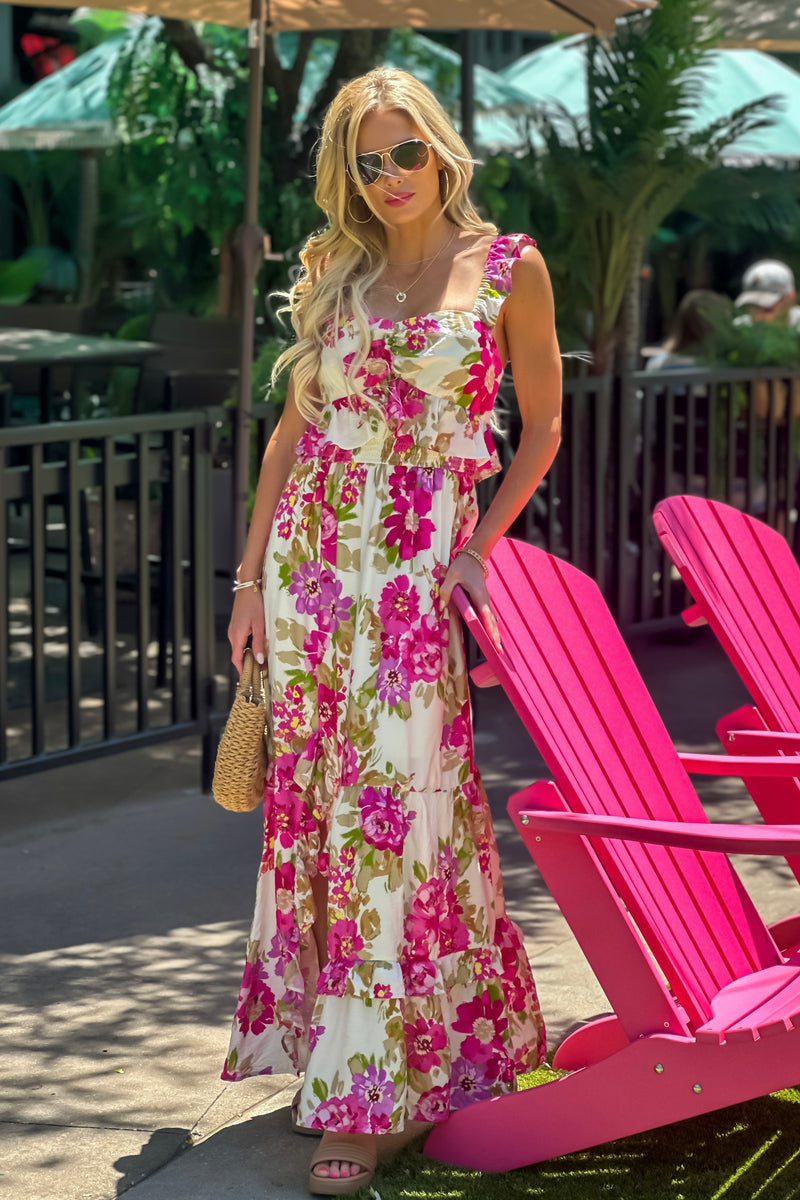 Tamara Floral Print Side Slit Maxi Dress : Cream