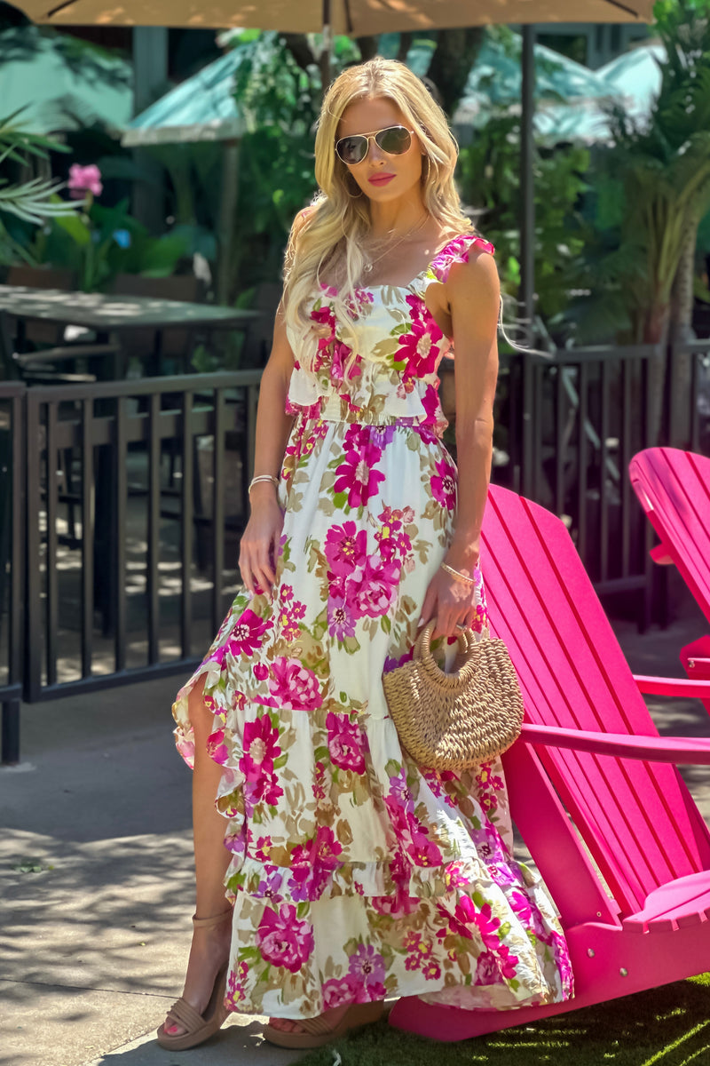 Tamara Floral Print Side Slit Maxi Dress : Cream