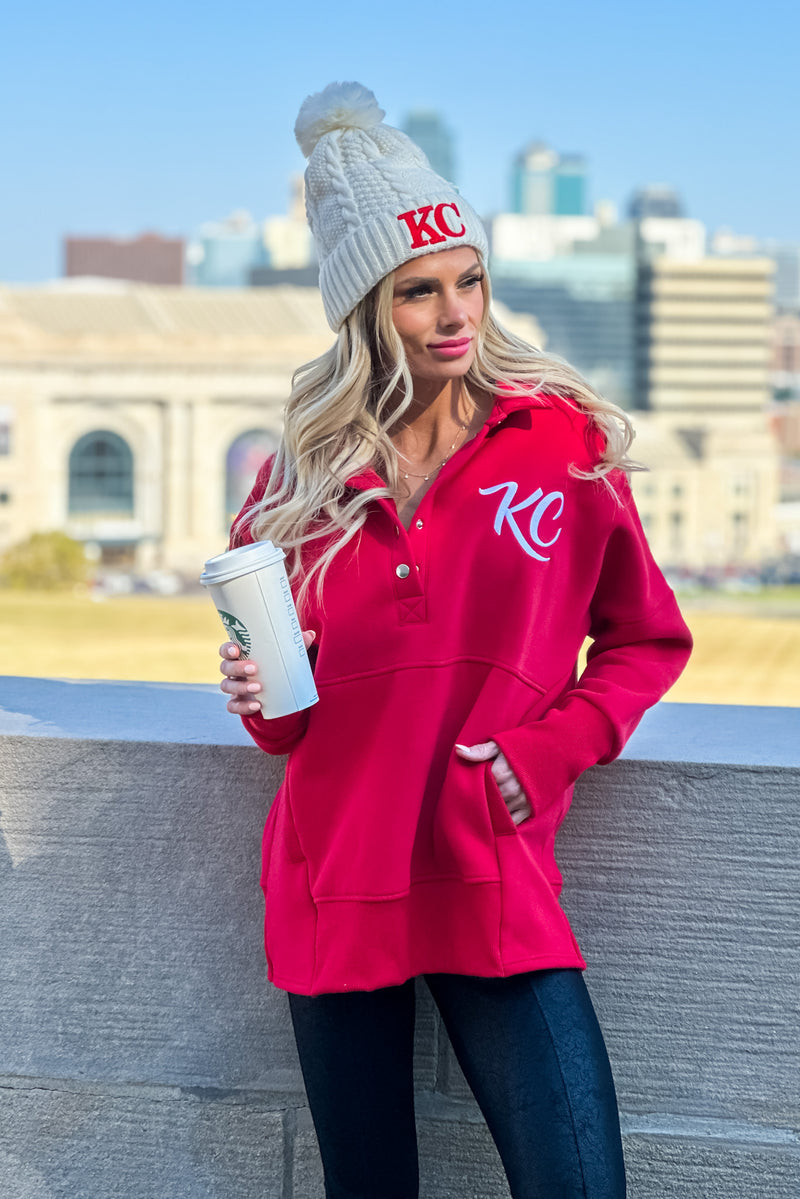 Lula Fleece Embroidered KC Snap Pullover : Red