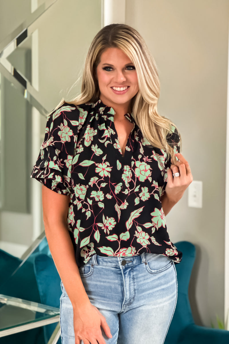 THML WInding Road Tiered Puff Sleeve Floral Blouse : Black/Green/Pink