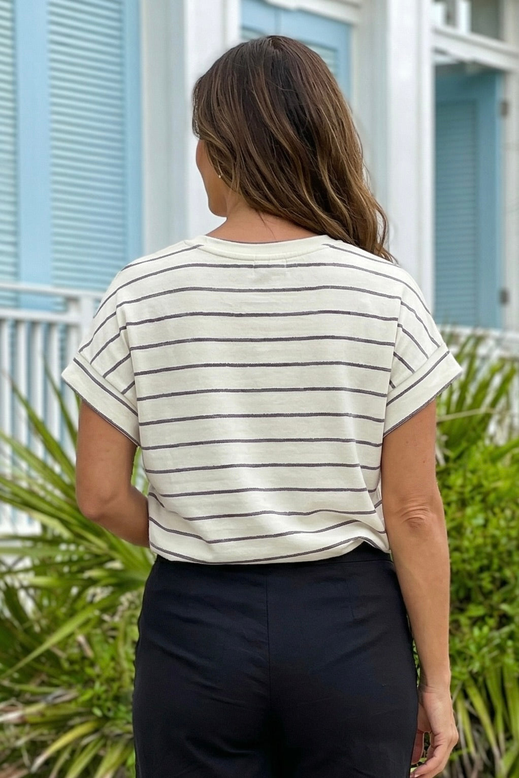 Melanie Short Sleeve Striped Top : Ivory/Black