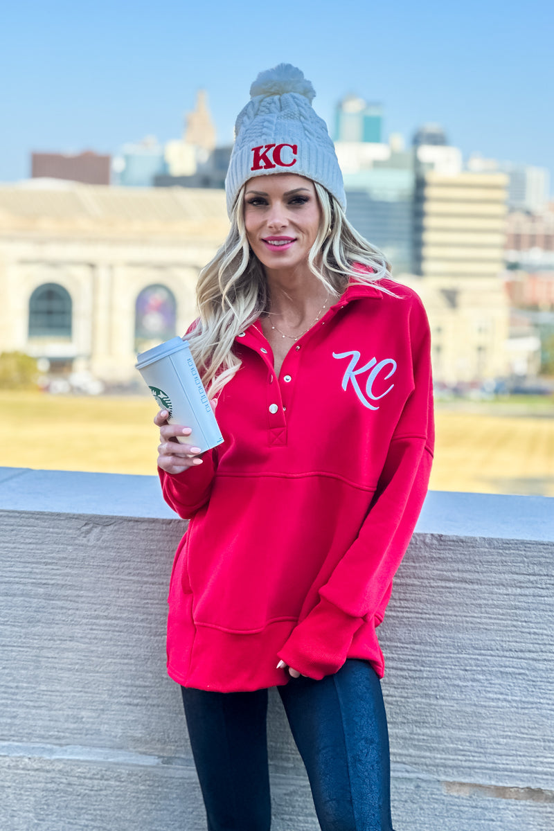 Lula Fleece Embroidered KC Snap Pullover : Red