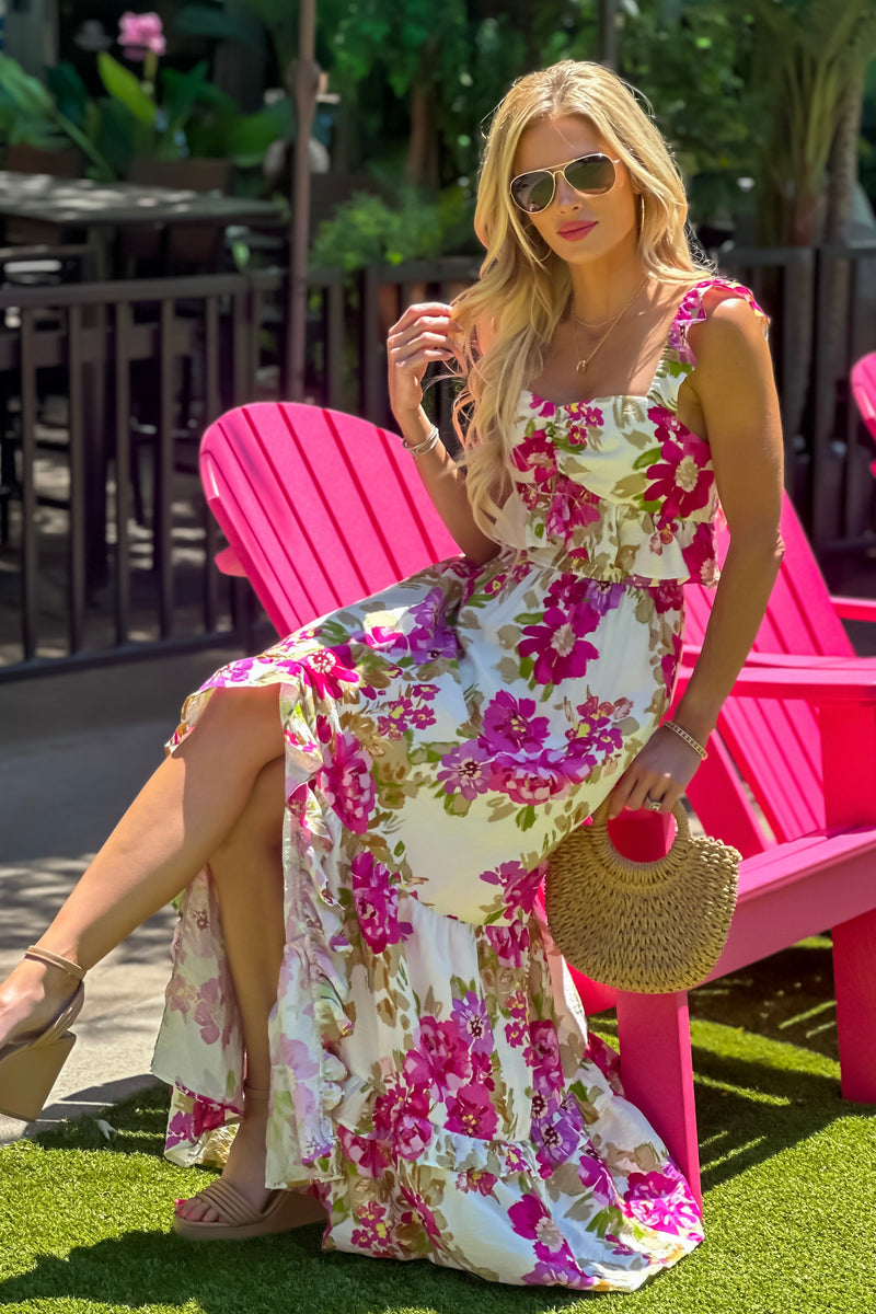 Tamara Floral Print Side Slit Maxi Dress : Cream