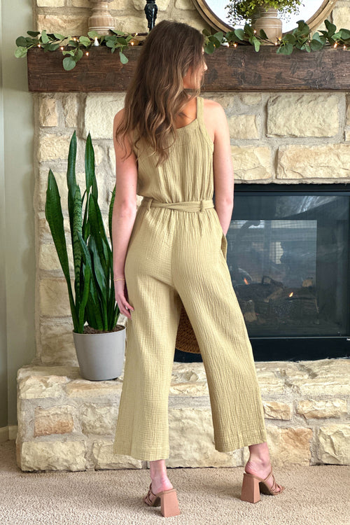 Tribal Sloane Cotton Gauze Belted Jumpsuit : Nude Olive