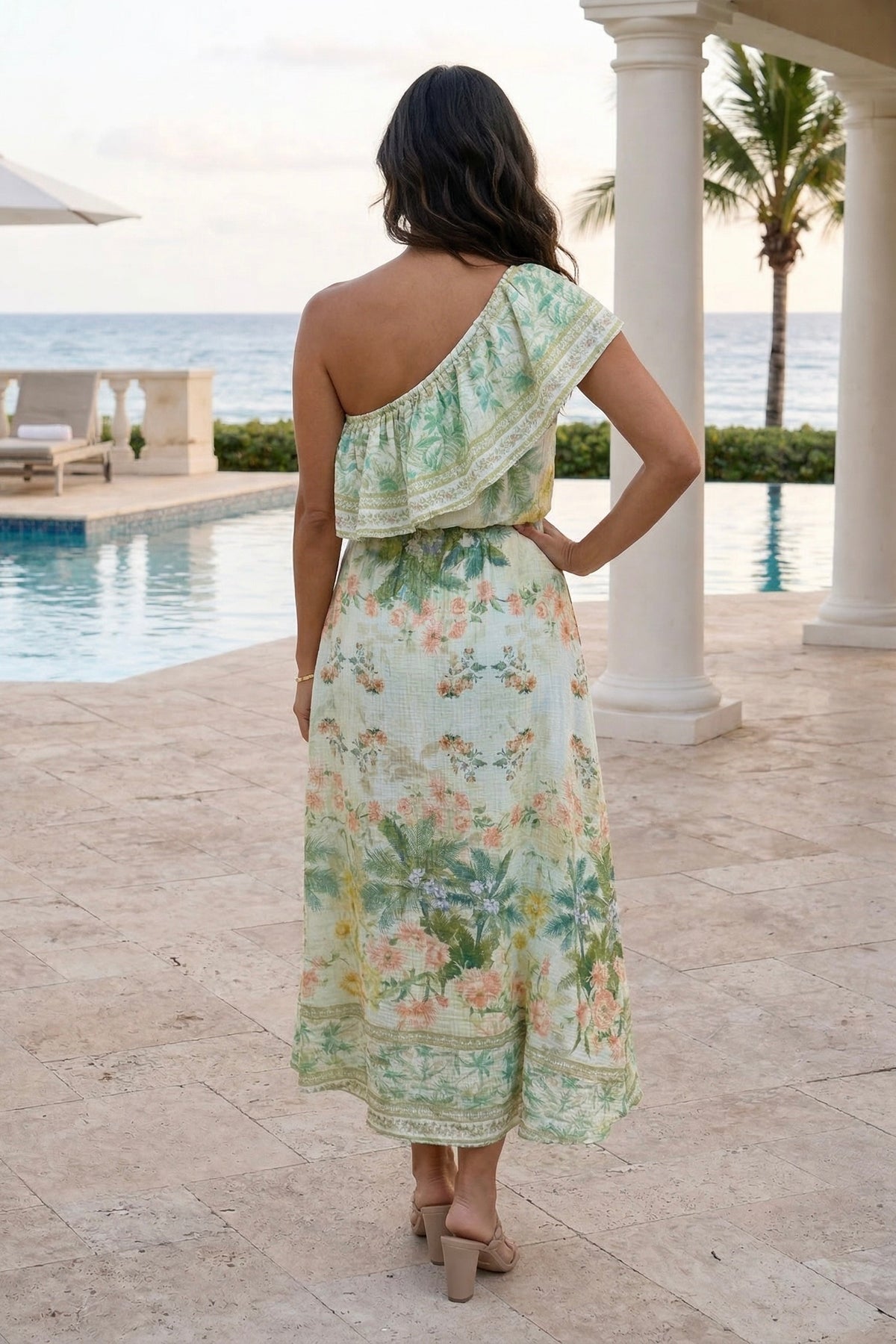 Johanna Floral Asymmetrical Shoulder Dress : Light Green Multi