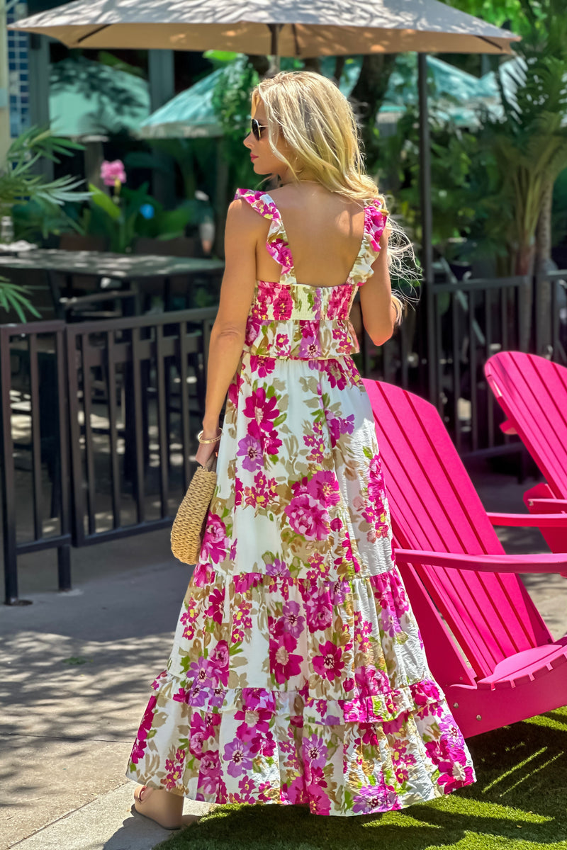 Tamara Floral Print Side Slit Maxi Dress : Cream