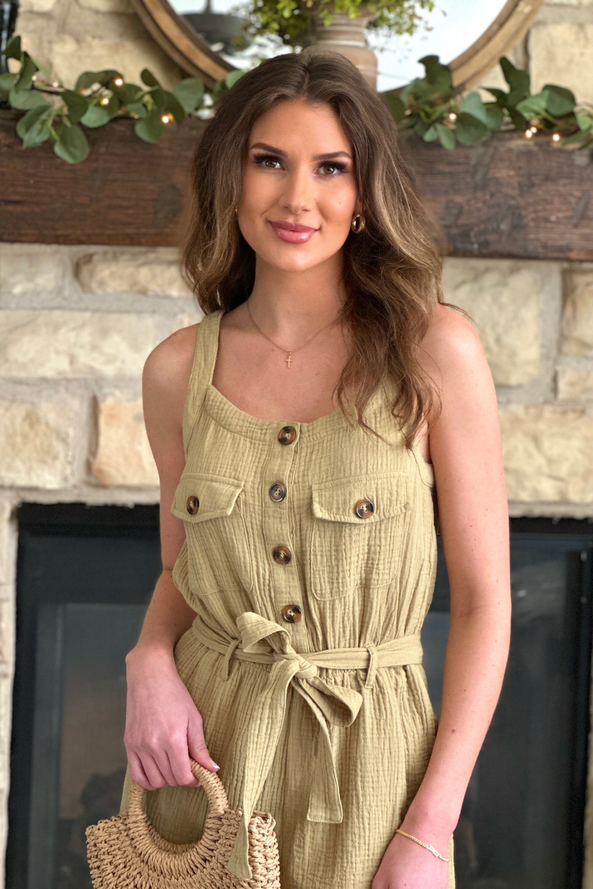 Tribal Sloane Cotton Gauze Belted Jumpsuit : Nude Olive