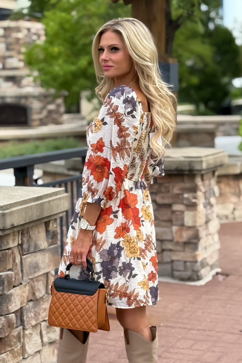 Cailin  Floral Print Ruched Dress : Rust