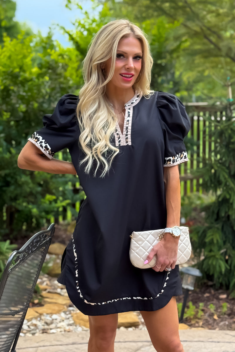 Laylee Leopard Banded Puff Sleeve Dress : Black