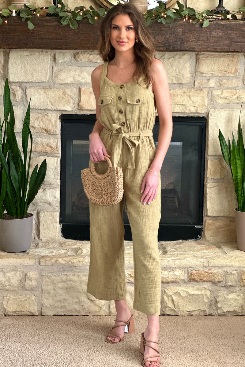 Tribal Sloane Cotton Gauze Belted Jumpsuit : Nude Olive