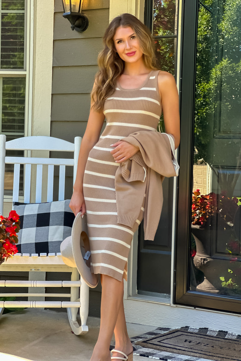 Tania Wishlist Sweater Dress and Cardigan Combo : Taupe/Cream TeaElla Tania Wishlist Sweater Dress and Cardigan Combo : Taupe/Cream TeaElla