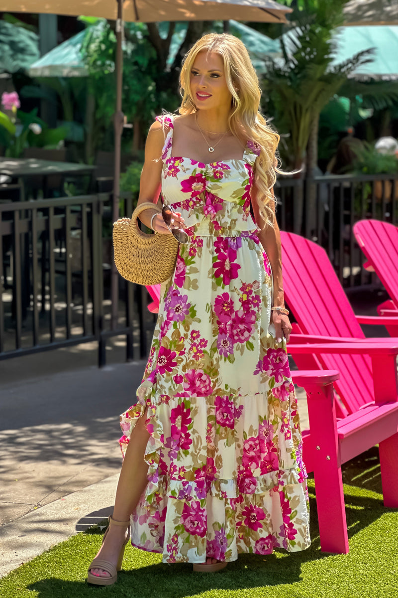 Tamara Floral Print Side Slit Maxi Dress : Cream