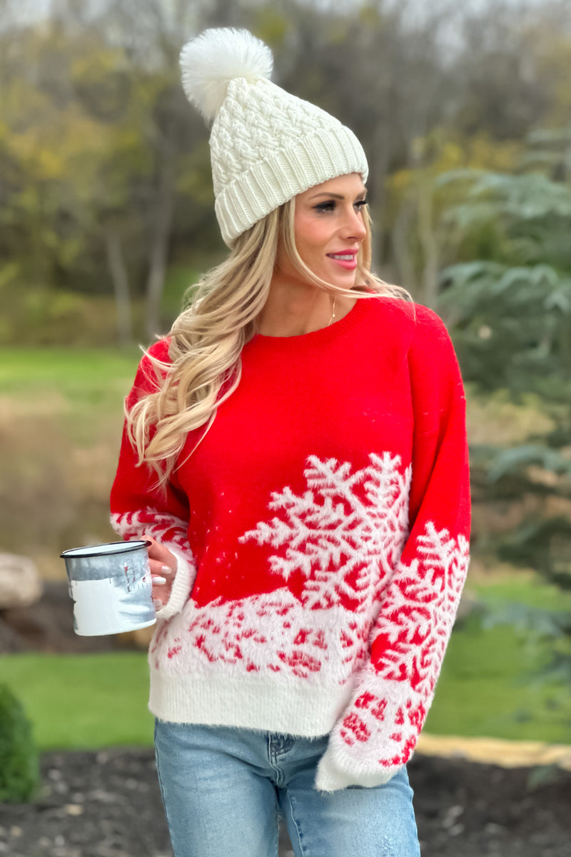 Vail Life Fluffy Snowflake Sweater : Red