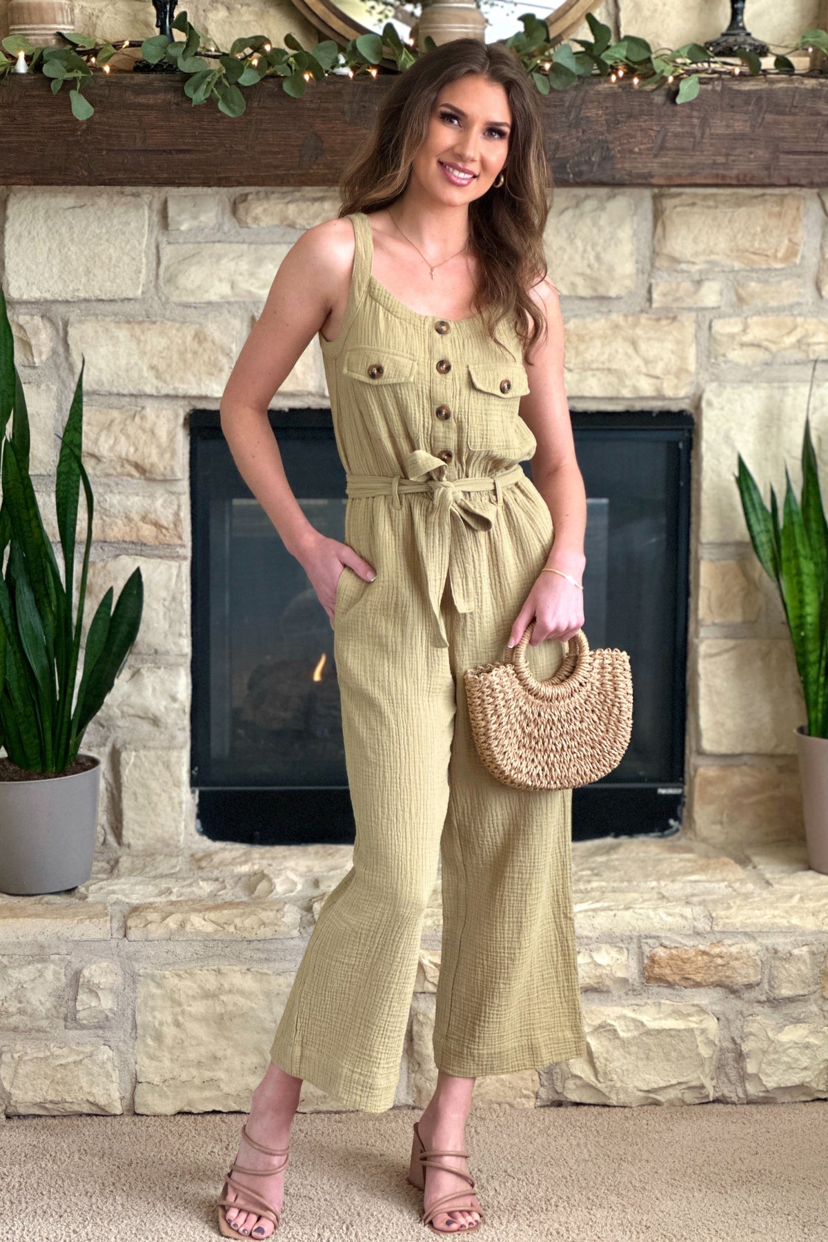 Tribal Sloane Cotton Gauze Belted Jumpsuit : Nude Olive