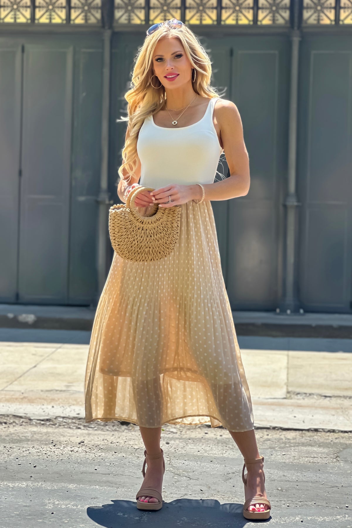 Tinlee Pleated Polka Dot Contrast Midi Dress : Ecru