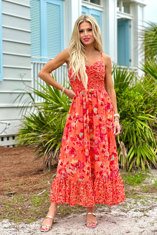 Aarti Smocked Print Maxi Dress : Tomato